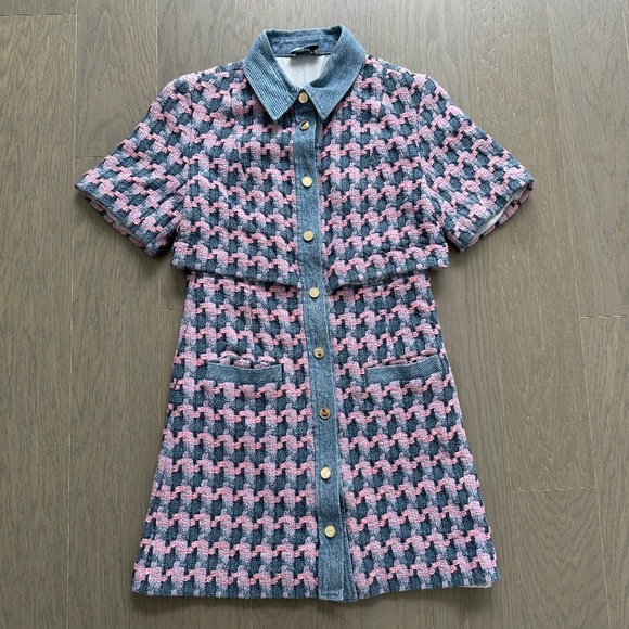 Sandro Amadora Dress Pink Blue Denim Trim Houndstooth Tweed Mini FR 36 US 4 - Picture 2 of 15